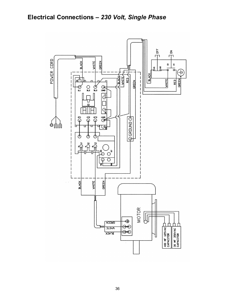 Electrical connections – 230 volt, single phase | Powermatic 60B User Manual | Page 36 / 40