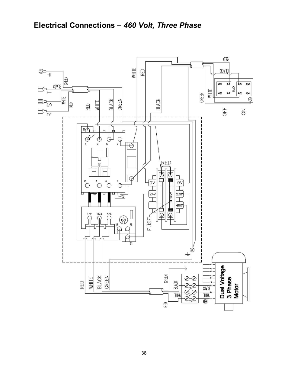 Electrical connections – 460 volt, three phase | Powermatic 60B User Manual | Page 38 / 40