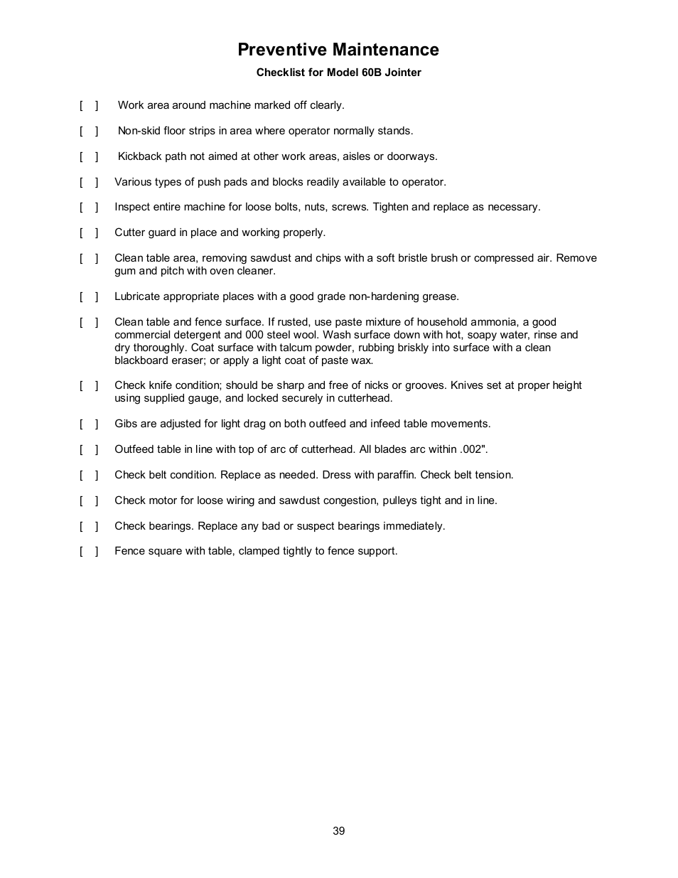 Preventive maintenance | Powermatic 60B User Manual | Page 39 / 40