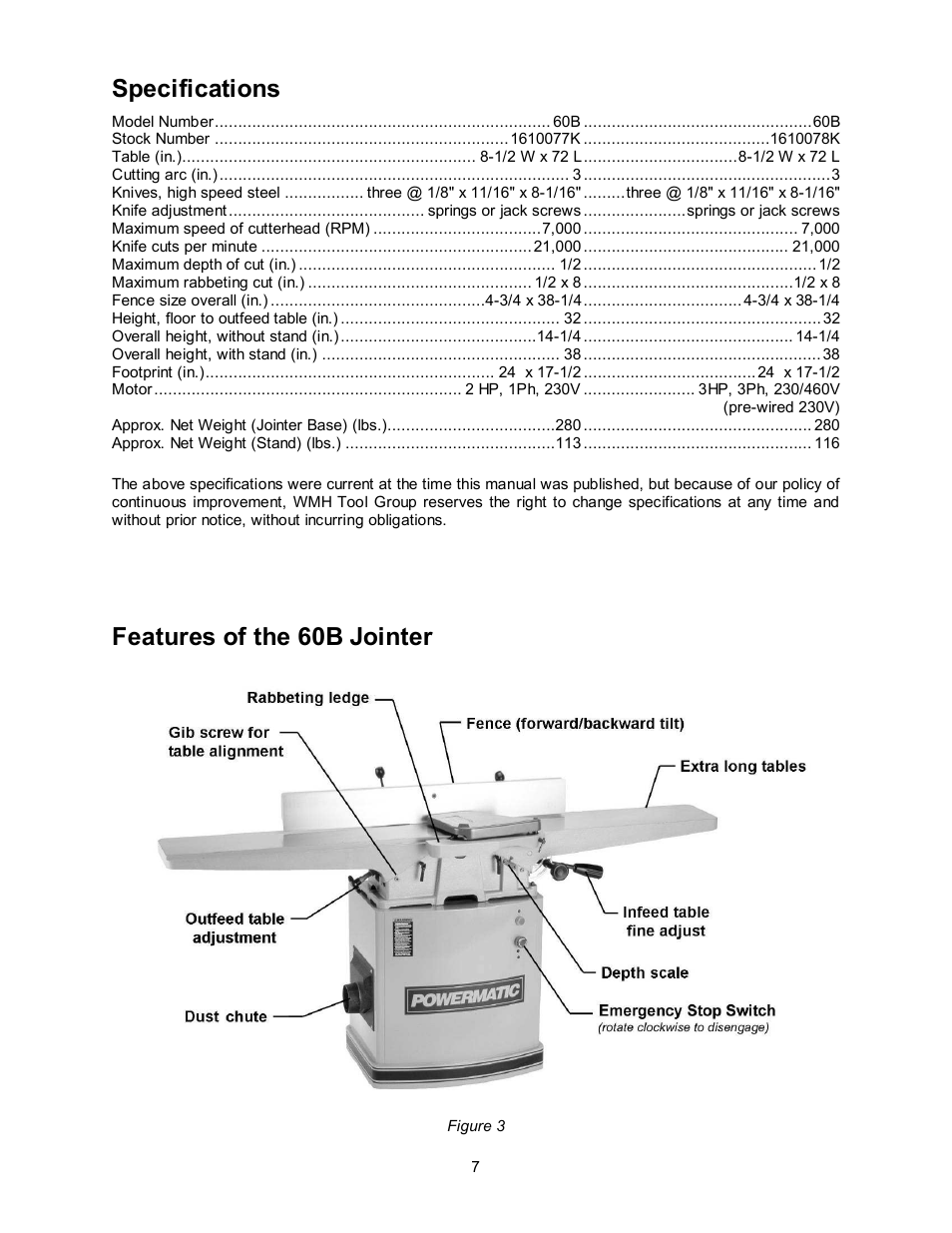 Specifications, Features of the 60b jointer | Powermatic 60B User Manual | Page 7 / 40