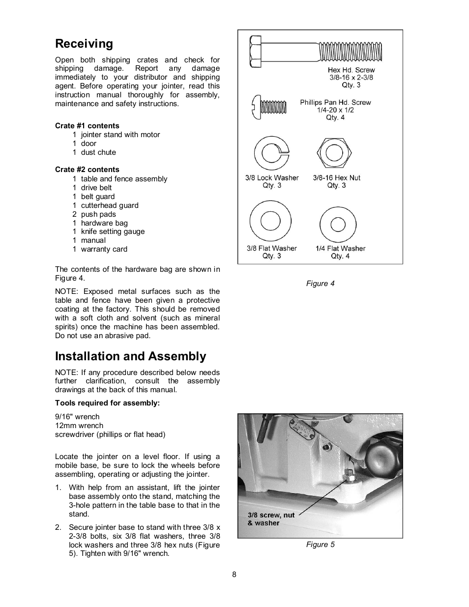 Receiving, Installation and assembly | Powermatic 60B User Manual | Page 8 / 40
