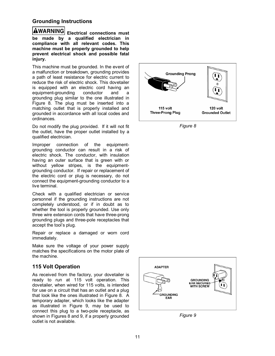 Grounding instructions | Powermatic Single End Dovetailer DT45 User Manual | Page 11 / 32