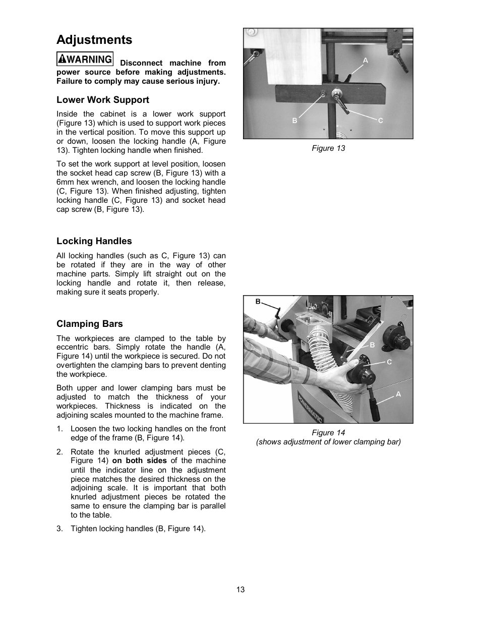 Adjustments, Lower work support, Locking handles | Clamping bars | Powermatic Single End Dovetailer DT45 User Manual | Page 13 / 32