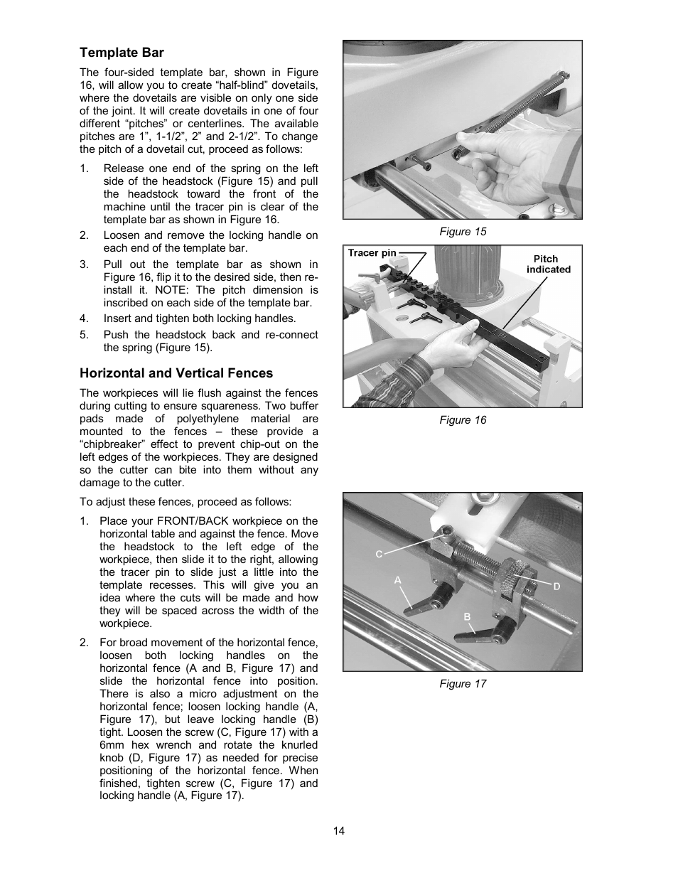 Template bar, Horizontal and vertical fences | Powermatic Single End Dovetailer DT45 User Manual | Page 14 / 32