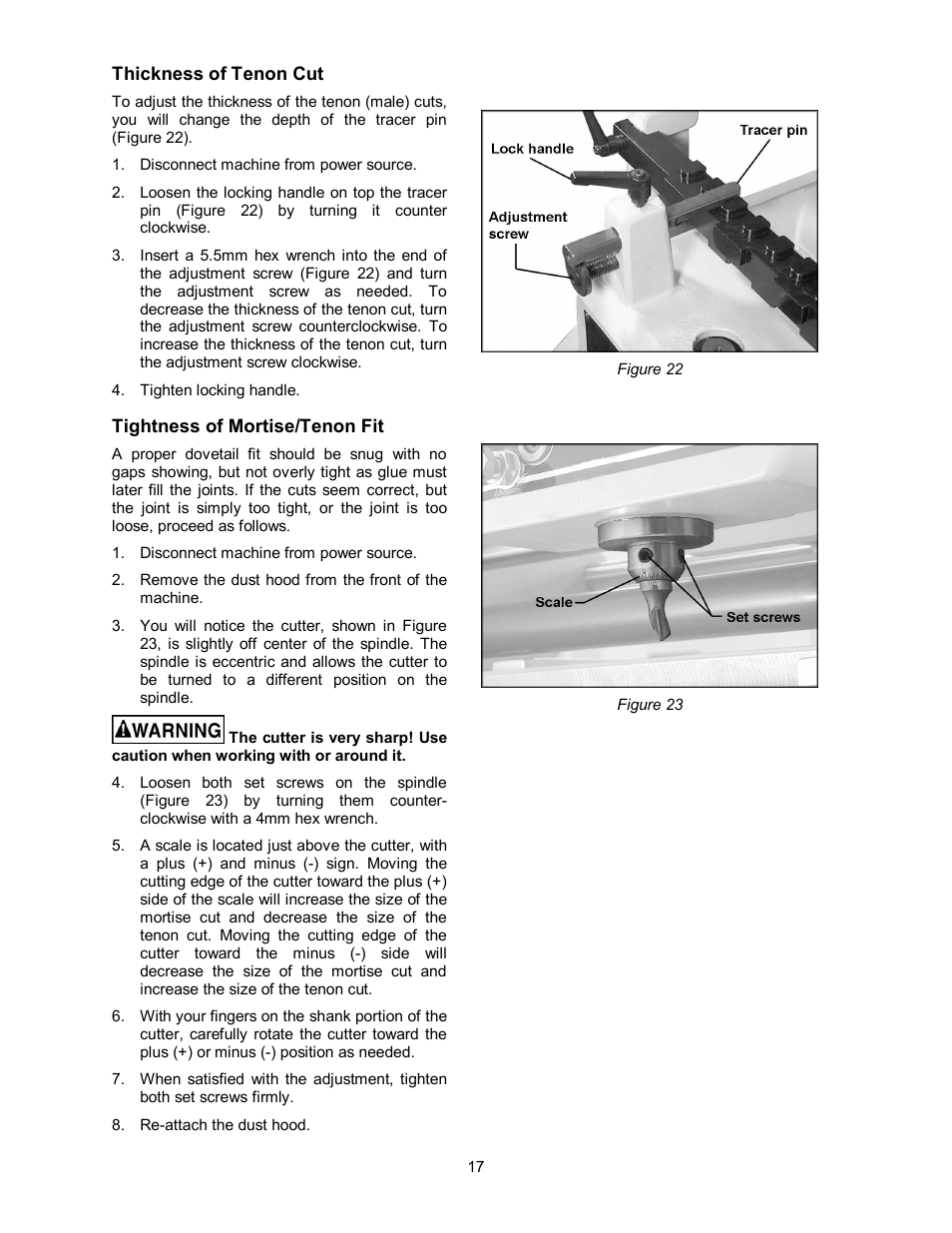 Thickness of tenon cut, Tightness of mortise/tenon fit | Powermatic Single End Dovetailer DT45 User Manual | Page 17 / 32