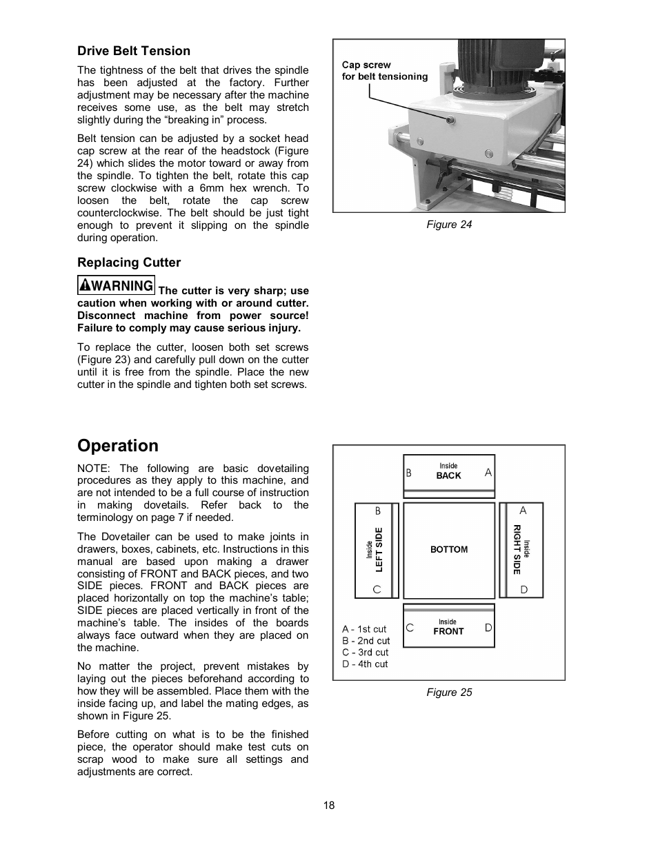 Drive belt tension, Replacing cutter, Operation | Powermatic Single End Dovetailer DT45 User Manual | Page 18 / 32