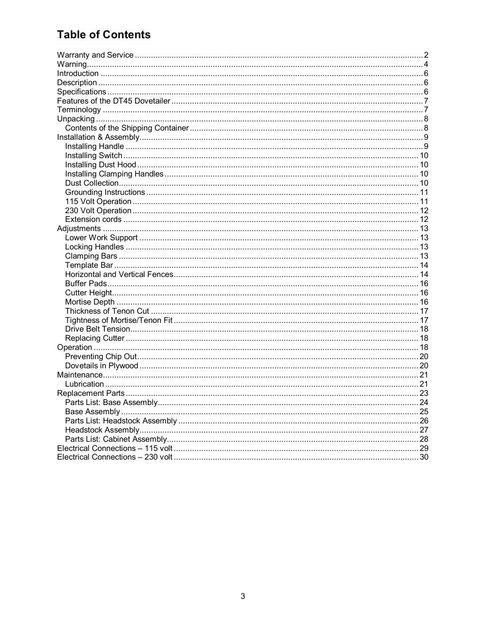 Powermatic Single End Dovetailer DT45 User Manual | Page 3 / 32