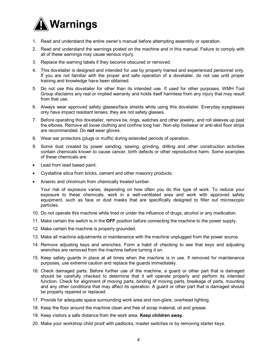 Warnings | Powermatic Single End Dovetailer DT45 User Manual | Page 4 / 32