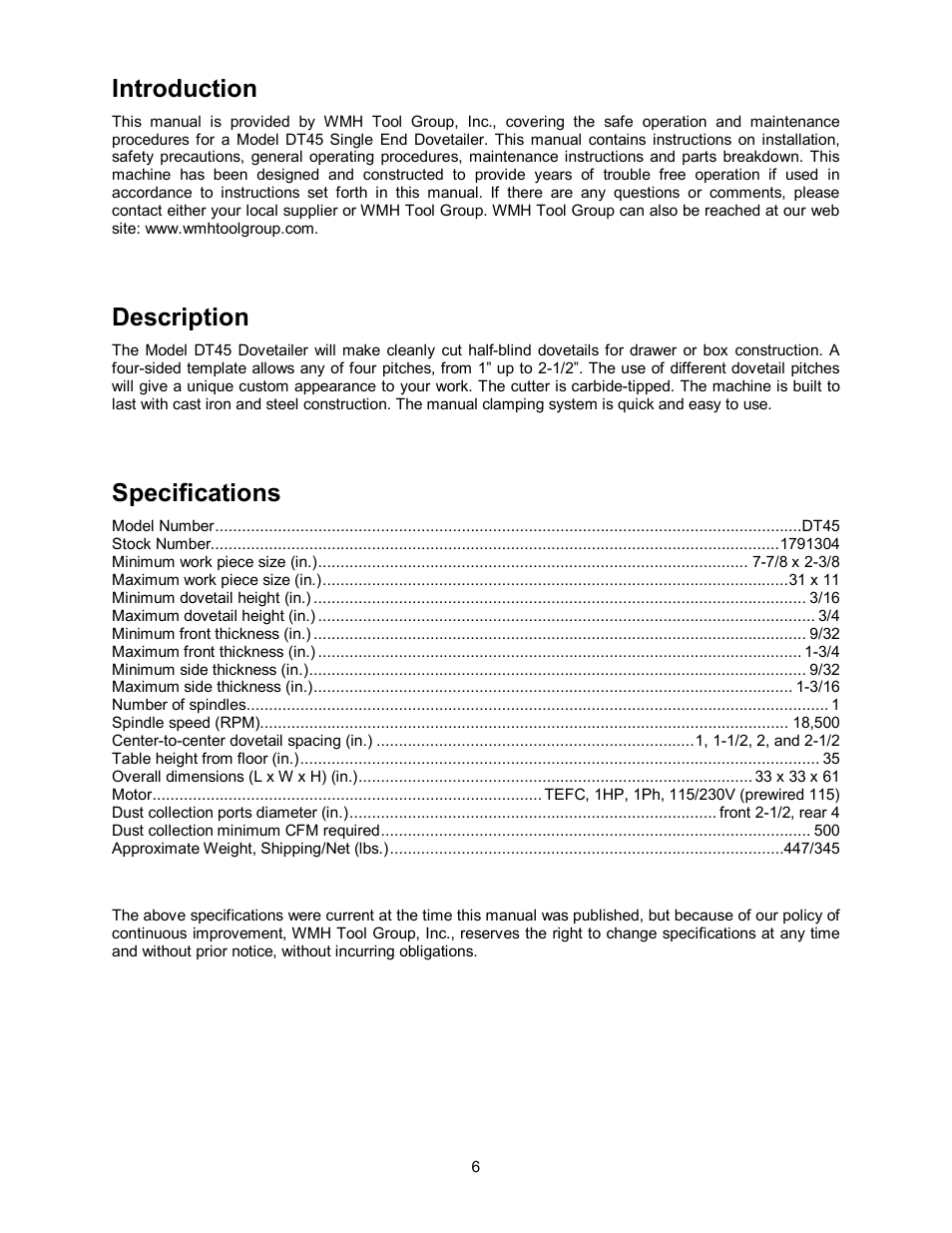 Specifications, Introduction, Description | Powermatic Single End Dovetailer DT45 User Manual | Page 6 / 32