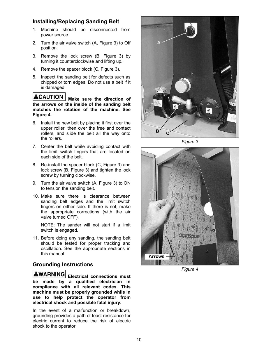 Installing/replacing sanding belt, Grounding instructions | Powermatic WB-43 User Manual | Page 10 / 68