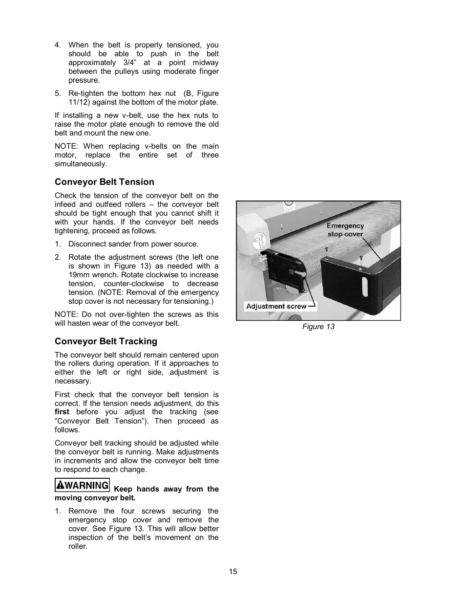 Conveyor belt tension, Conveyor belt tracking | Powermatic WB-43 User Manual | Page 15 / 68