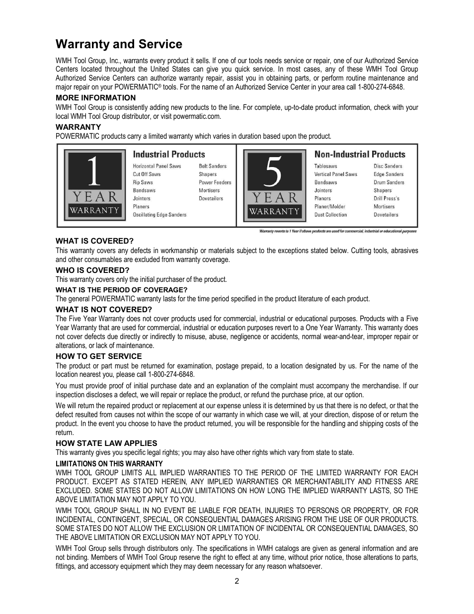 Warranty and service | Powermatic WB-43 User Manual | Page 2 / 68
