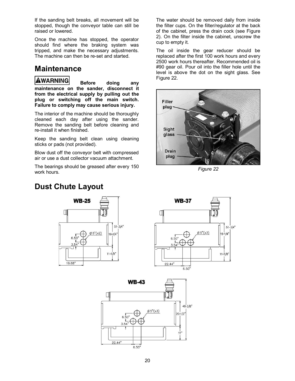 Maintenance, Dust chute layout | Powermatic WB-43 User Manual | Page 20 / 68
