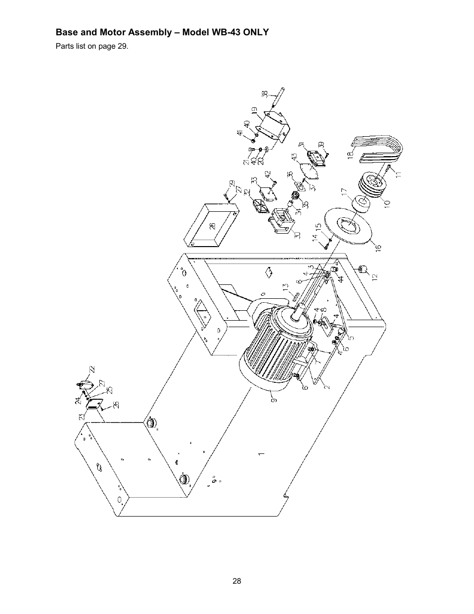 Base and motor assembly – model wb-43 only | Powermatic WB-43 User Manual | Page 28 / 68