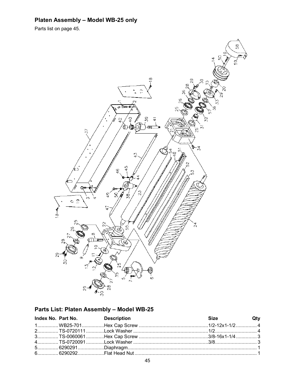 Platen assembly – model wb-25 only | Powermatic WB-43 User Manual | Page 45 / 68