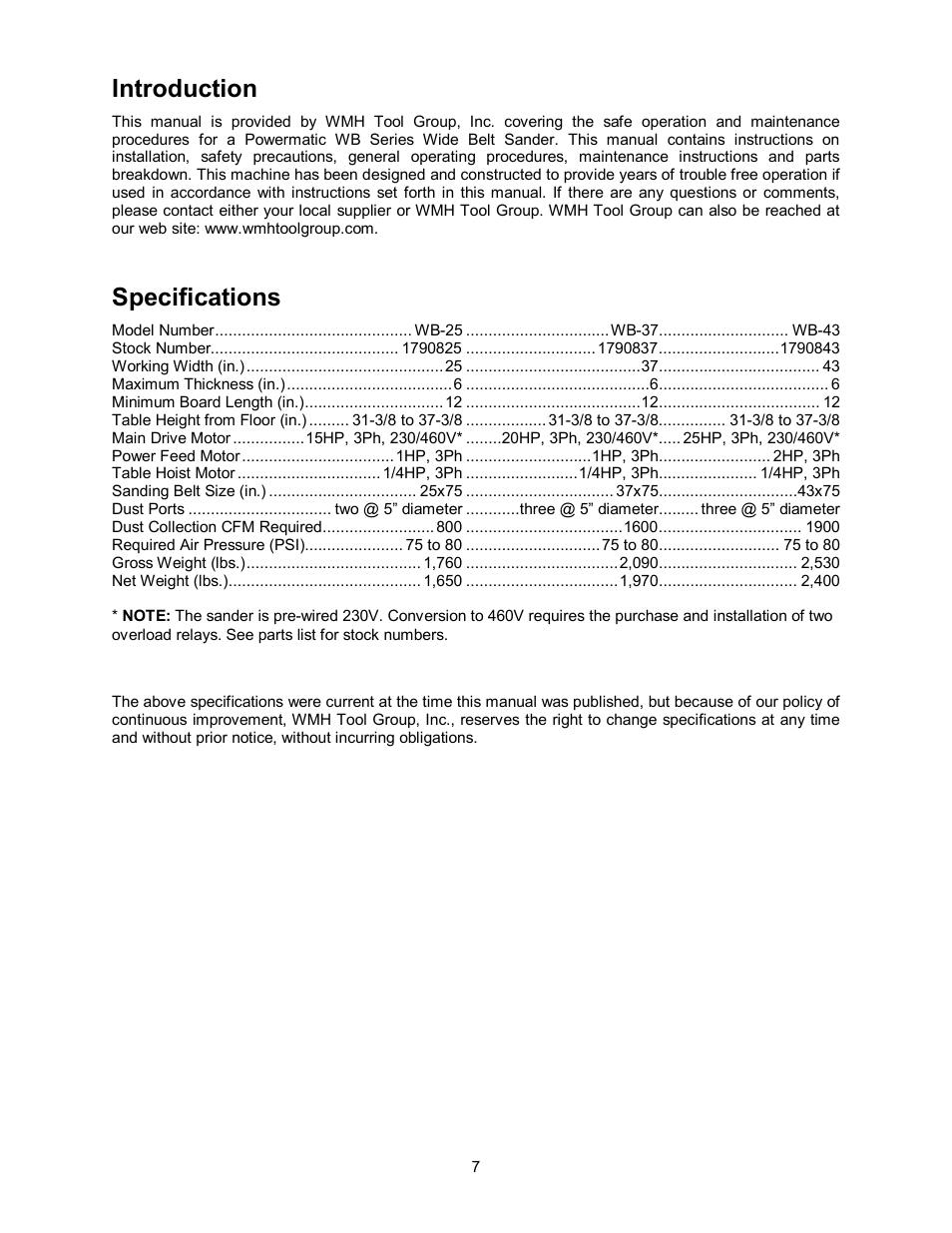 Specifications, Introduction | Powermatic WB-43 User Manual | Page 7 / 68