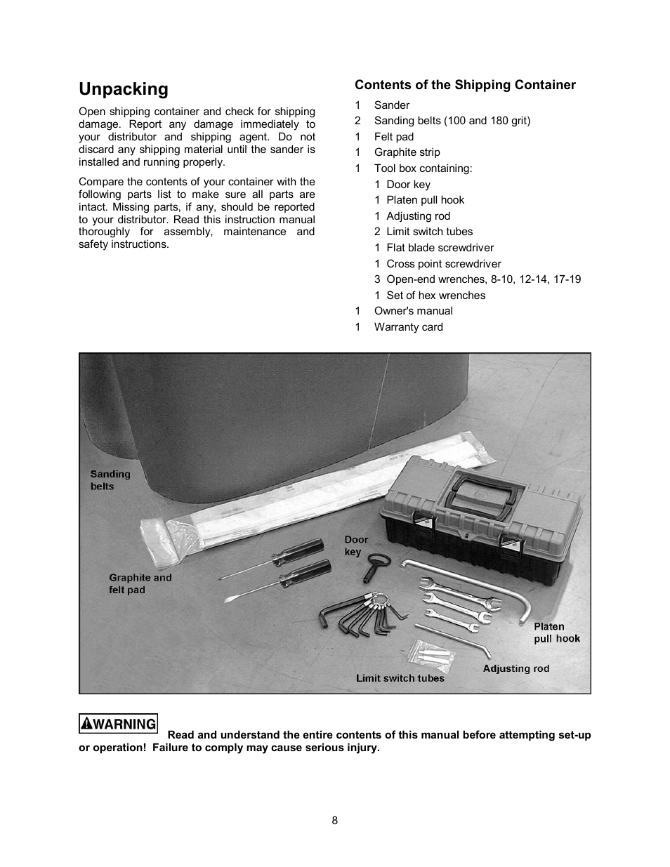 Unpacking | Powermatic WB-43 User Manual | Page 8 / 68