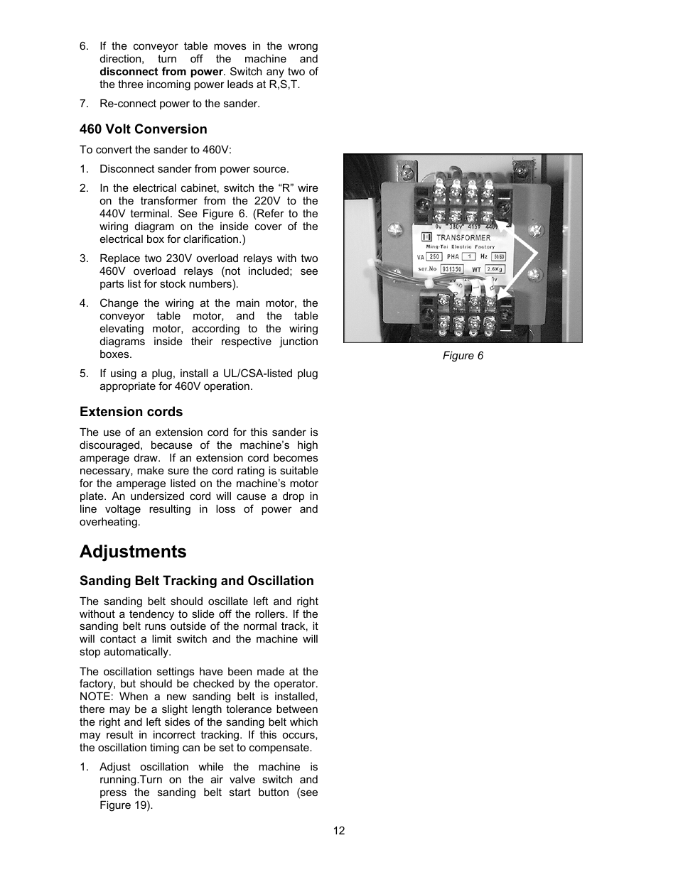 460 volt conversion, Extension cords, Adjustments | Sanding belt tracking and oscillation | Powermatic WB-25 User Manual | Page 12 / 68