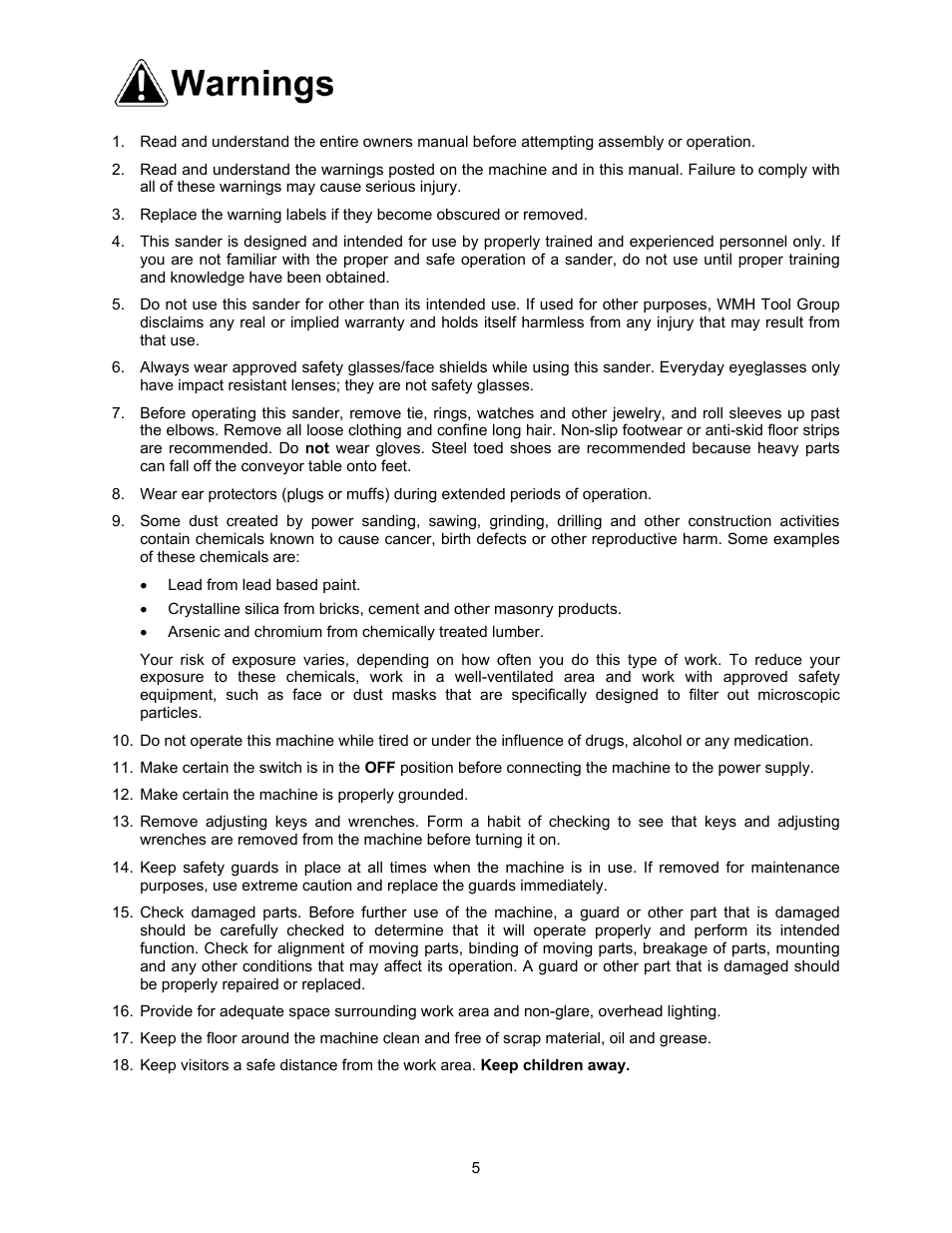 Warnings | Powermatic WB-25 User Manual | Page 5 / 68