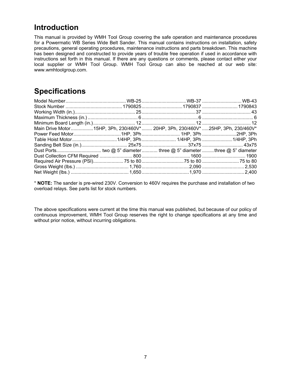 Introduction, Specifications | Powermatic WB-25 User Manual | Page 7 / 68