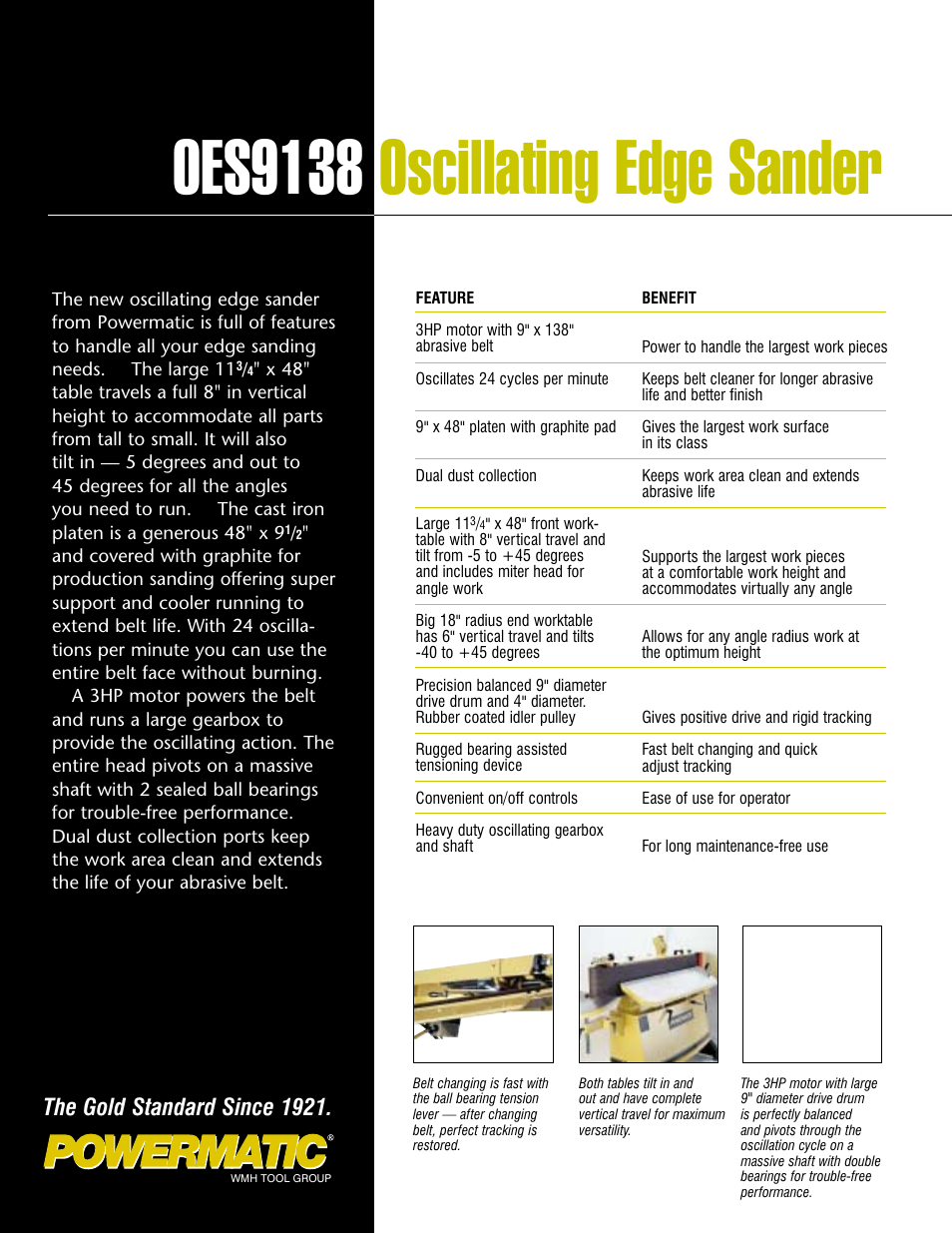 Oes9138 oscillating edge sander, The gold standard since 1921 | Powermatic OES9138 User Manual | Page 2 / 4