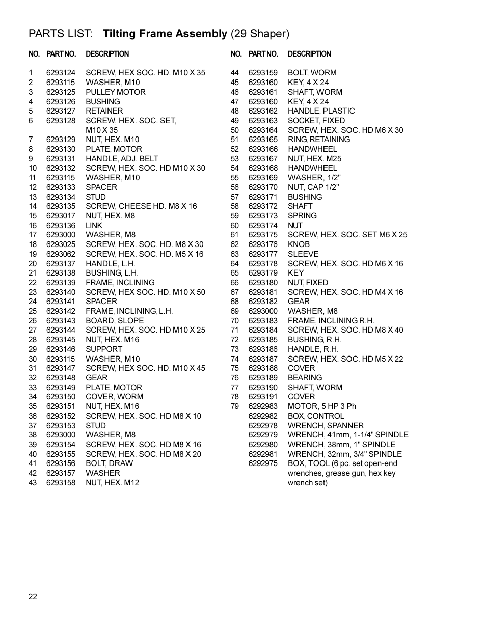 Parts list: tilting frame assembly (29 shaper) | Powermatic 29 User Manual | Page 22 / 28