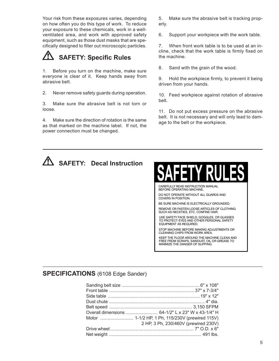 Safety: decal instruction, Specifications, Safety: specific rules | 6108 edge sander) | Powermatic 6108 User Manual | Page 5 / 20