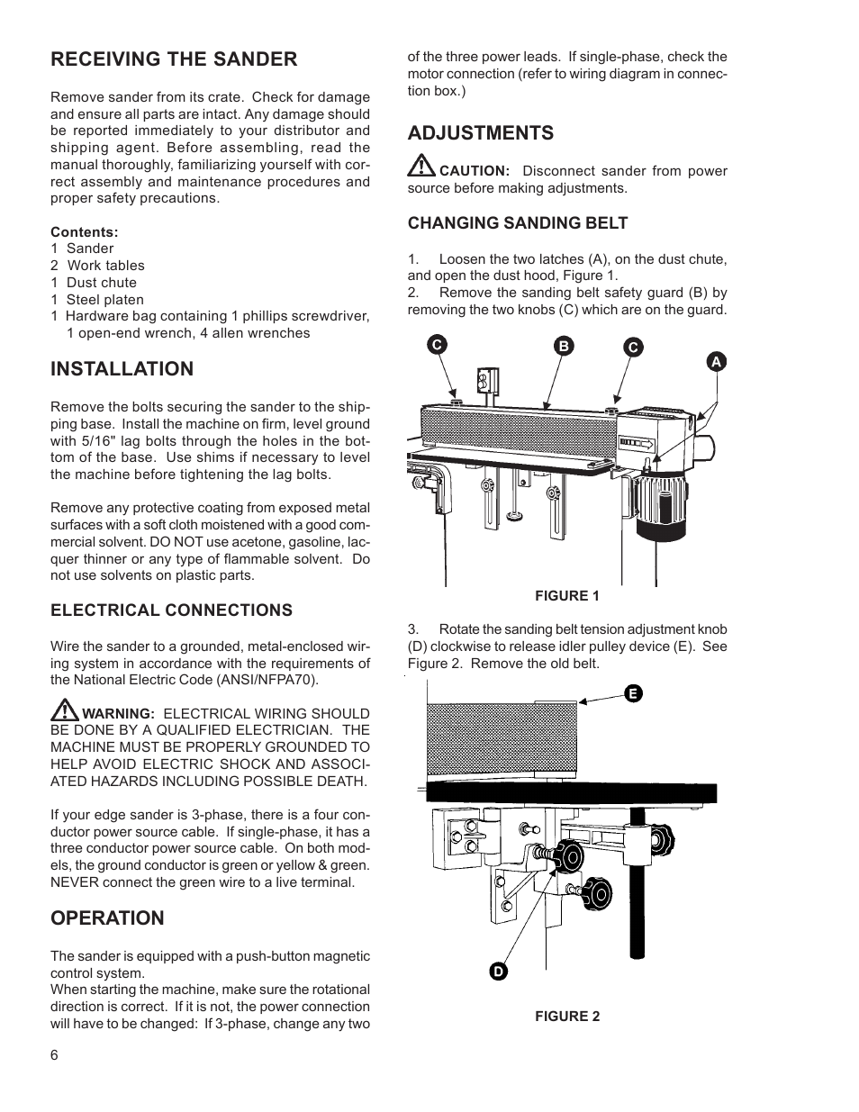 Receiving the sander, Installation, Operation | Adjustments | Powermatic 6108 User Manual | Page 6 / 20