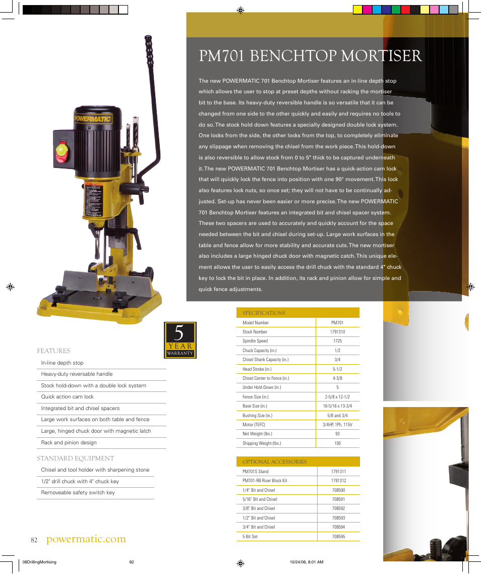 Pm701 benchtop mortiser, Y e a r | Powermatic PM2800 User Manual | Page 3 / 8
