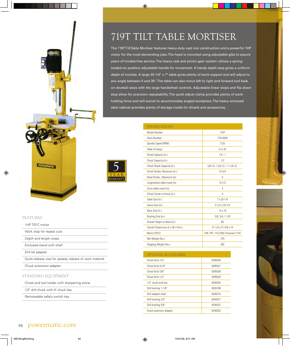 719t tilt table mortiser, Y e a r | Powermatic PM2800 User Manual | Page 5 / 8