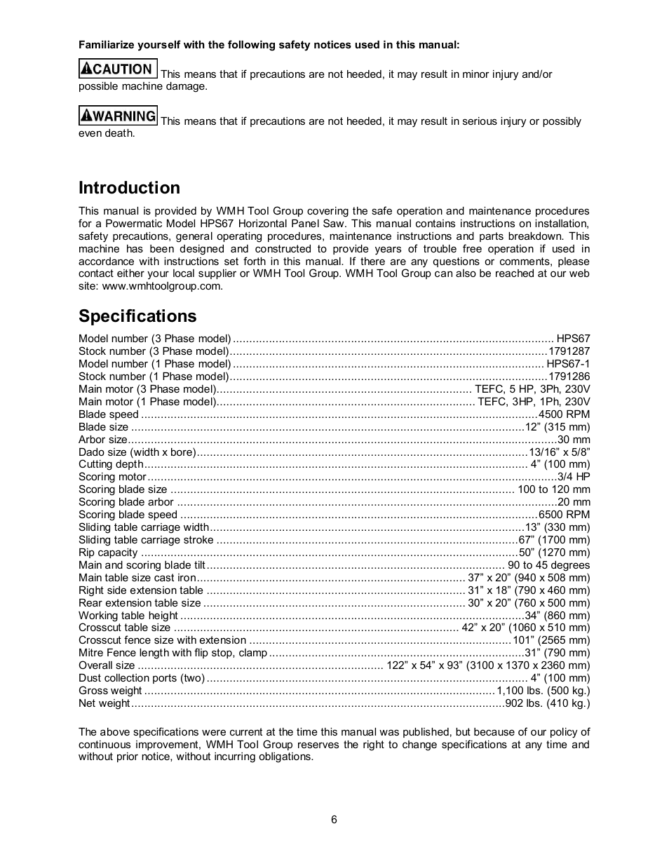 Introduction, Specifications | Powermatic HPS67 User Manual | Page 6 / 48