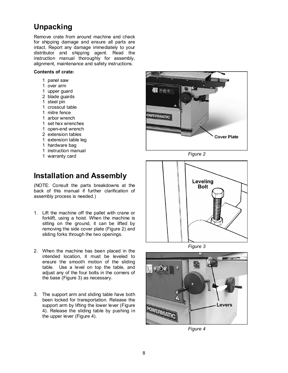 Unpacking, Installation and assembly | Powermatic HPS67 User Manual | Page 8 / 48
