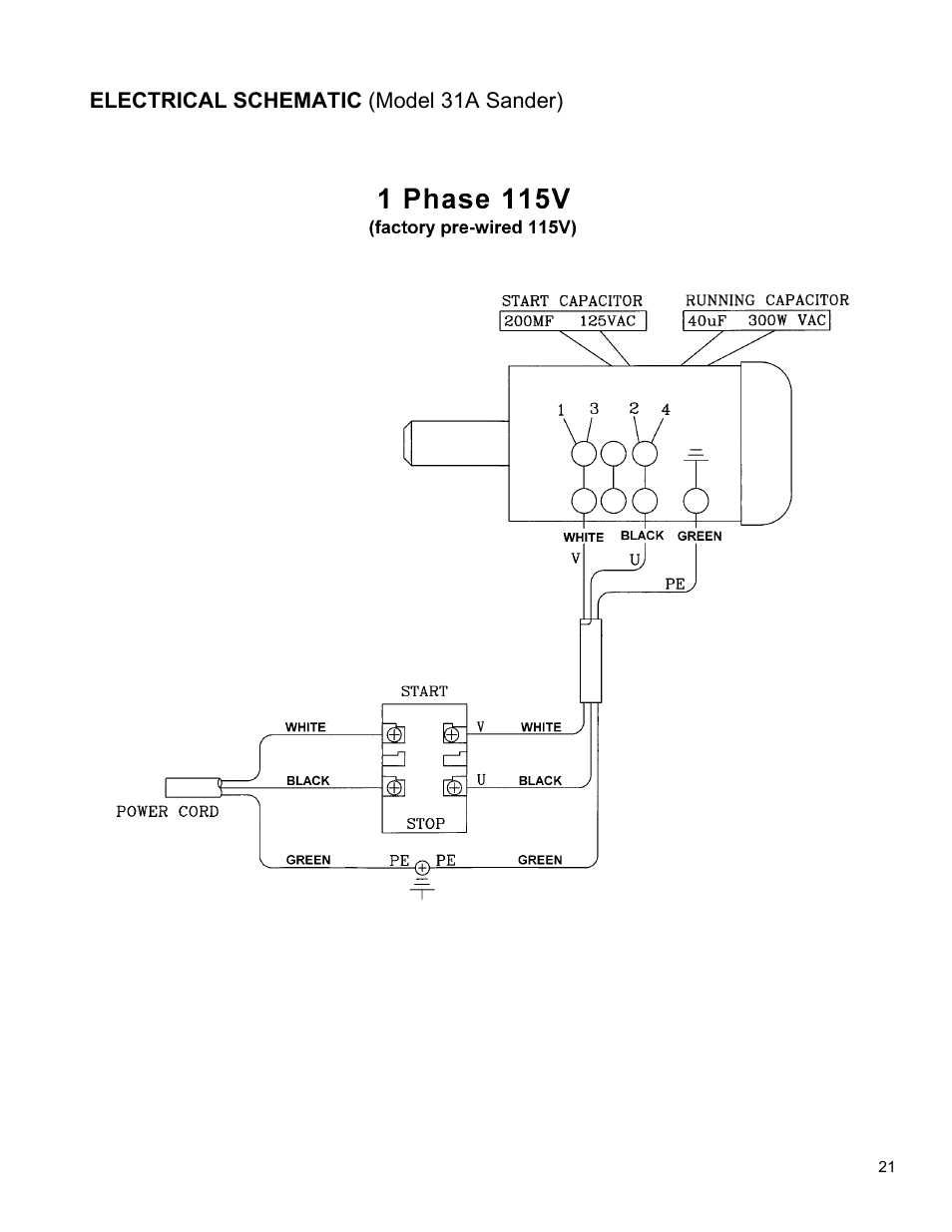 Electrical schematic (model 31a sander) | Powermatic 31A User Manual | Page 21 / 28