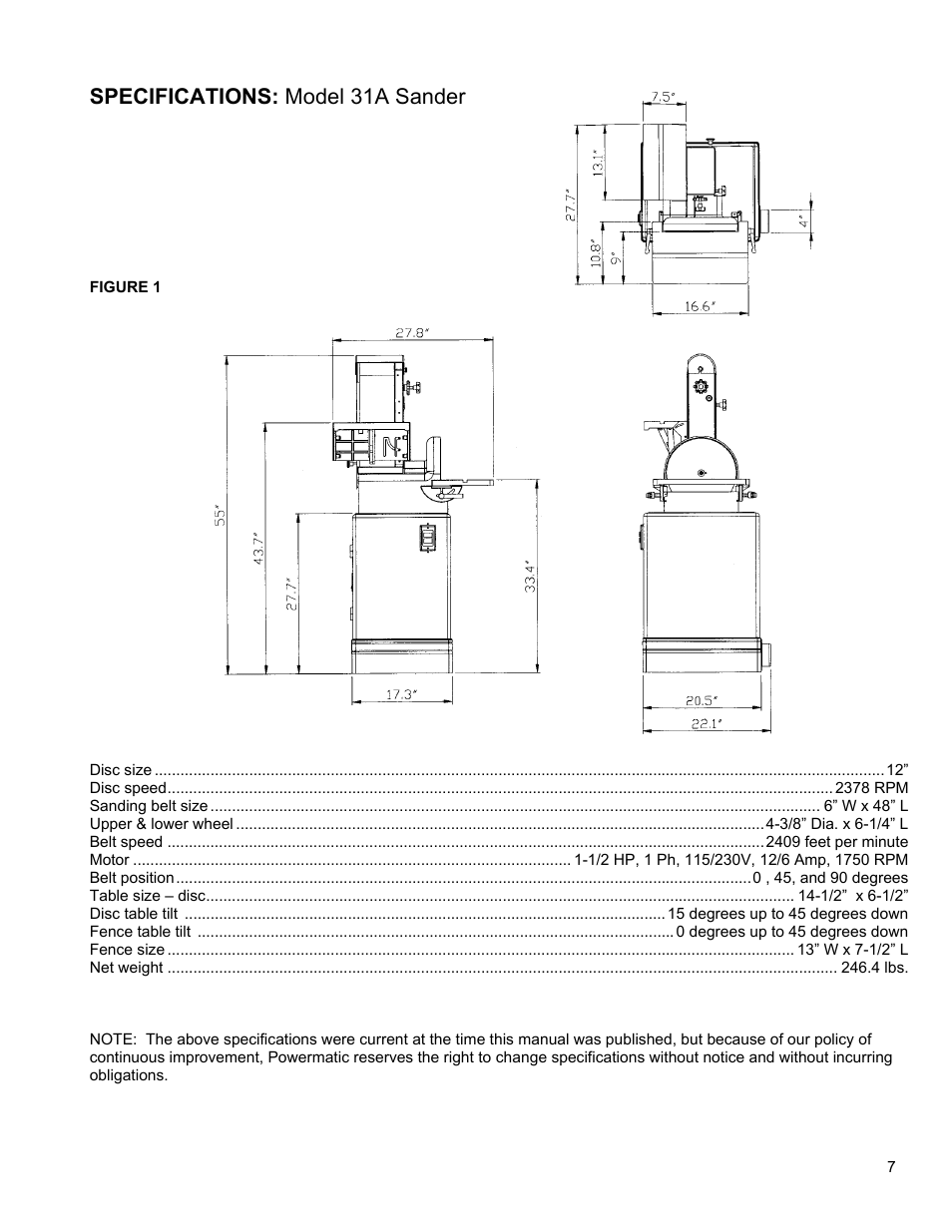 Specifications: model 31a sander | Powermatic 31A User Manual | Page 7 / 28