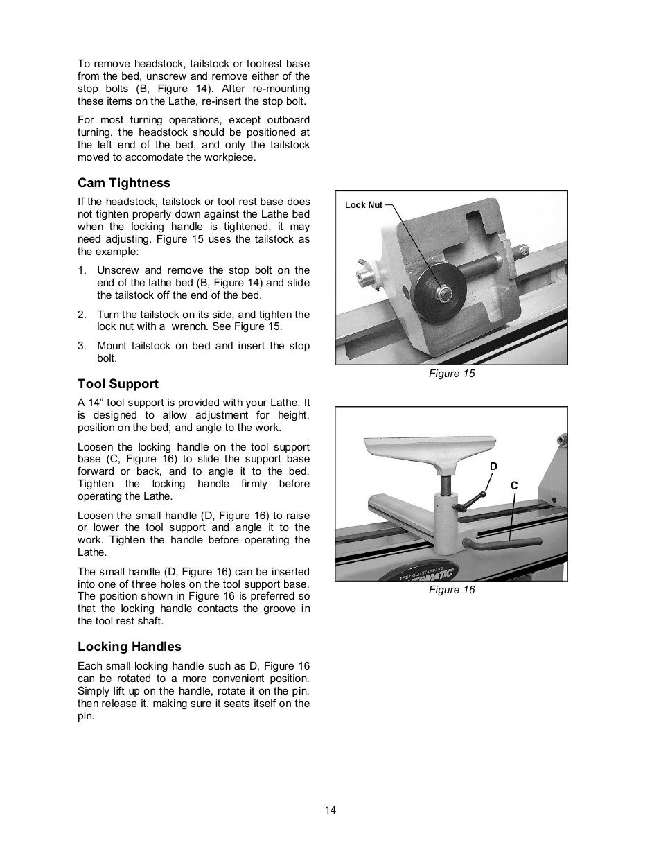 Cam tightness, Tool support, Locking handles | Powermatic 3520B User Manual | Page 14 / 44