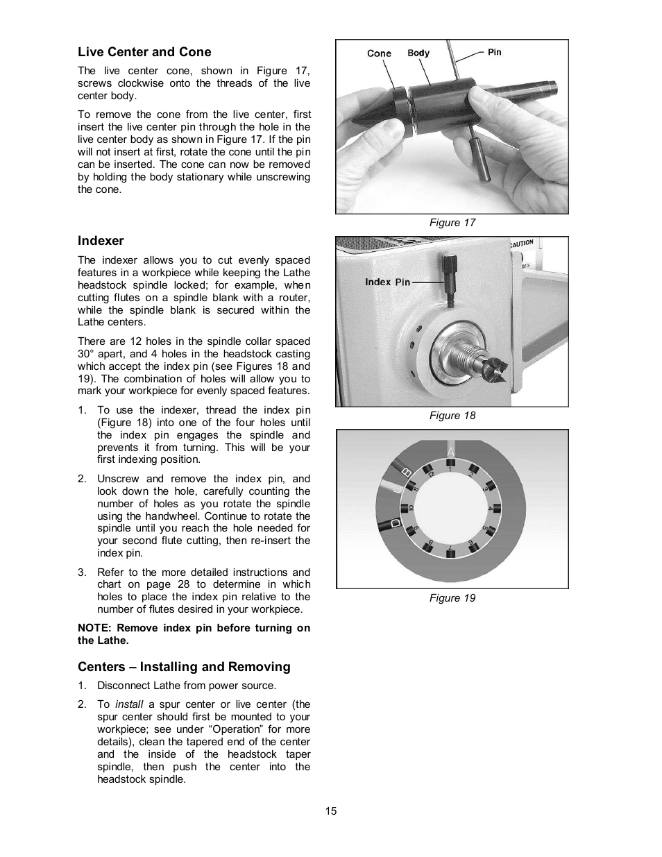 Live center and cone, Indexer, Centers – installing and removing | Powermatic 3520B User Manual | Page 15 / 44