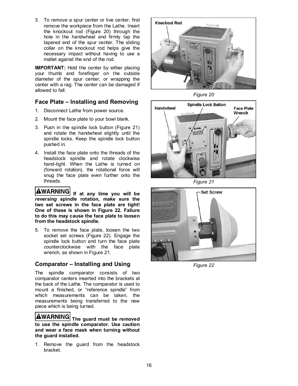 Face plate – installing and removing, Comparator – installing and using | Powermatic 3520B User Manual | Page 16 / 44