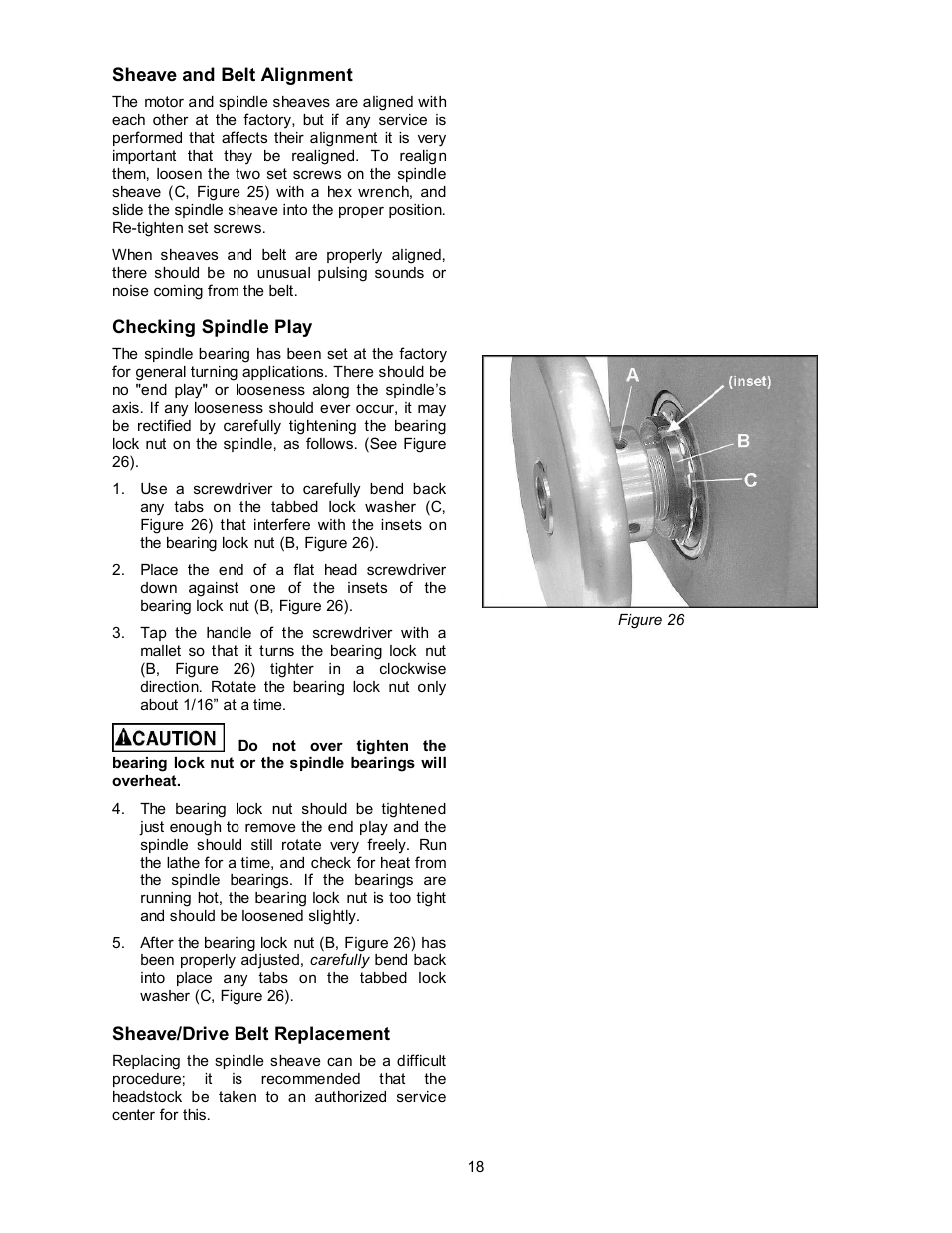 Sheave and belt alignment, Checking spindle play, Sheave/drive belt replacement | Powermatic 3520B User Manual | Page 18 / 44