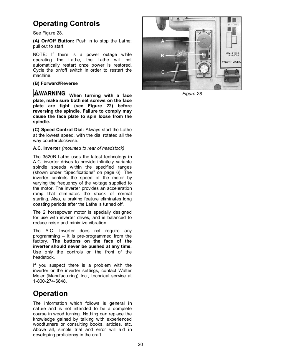 Operating controls, Operation | Powermatic 3520B User Manual | Page 20 / 44