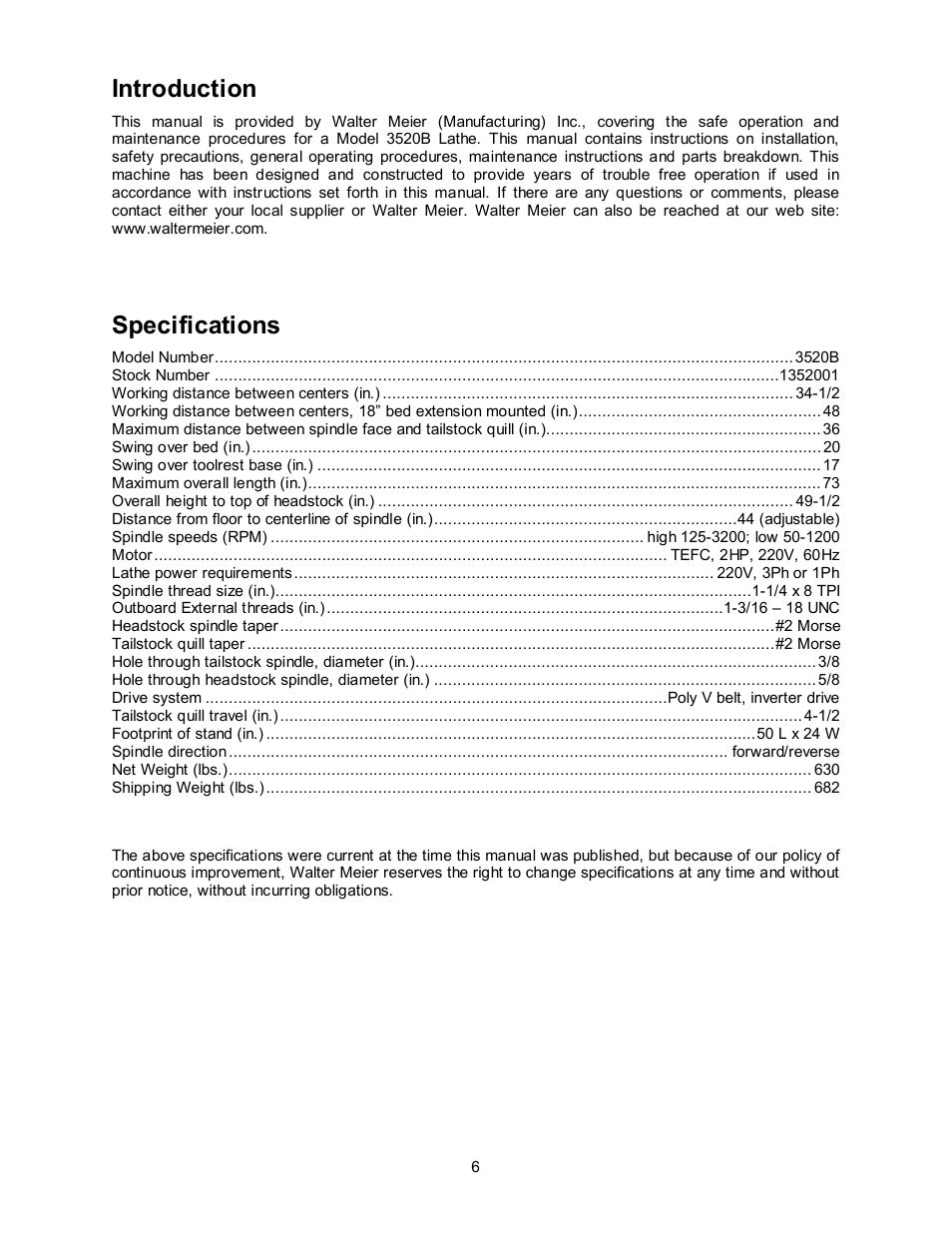 Specifications, Introduction | Powermatic 3520B User Manual | Page 6 / 44