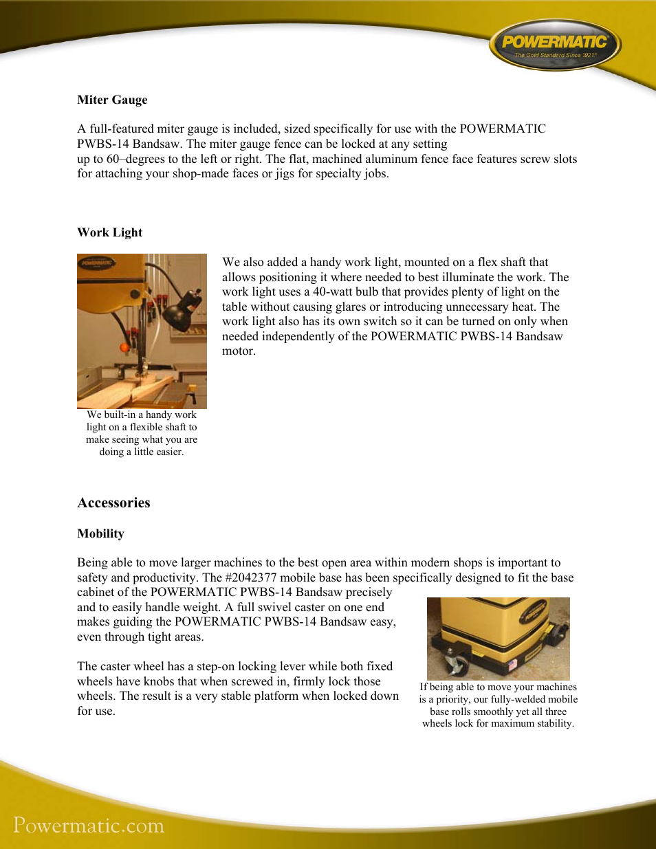 Miter gauge, Work light, Accessories | Mobility | Powermatic PWBS-14 User Manual | Page 5 / 6