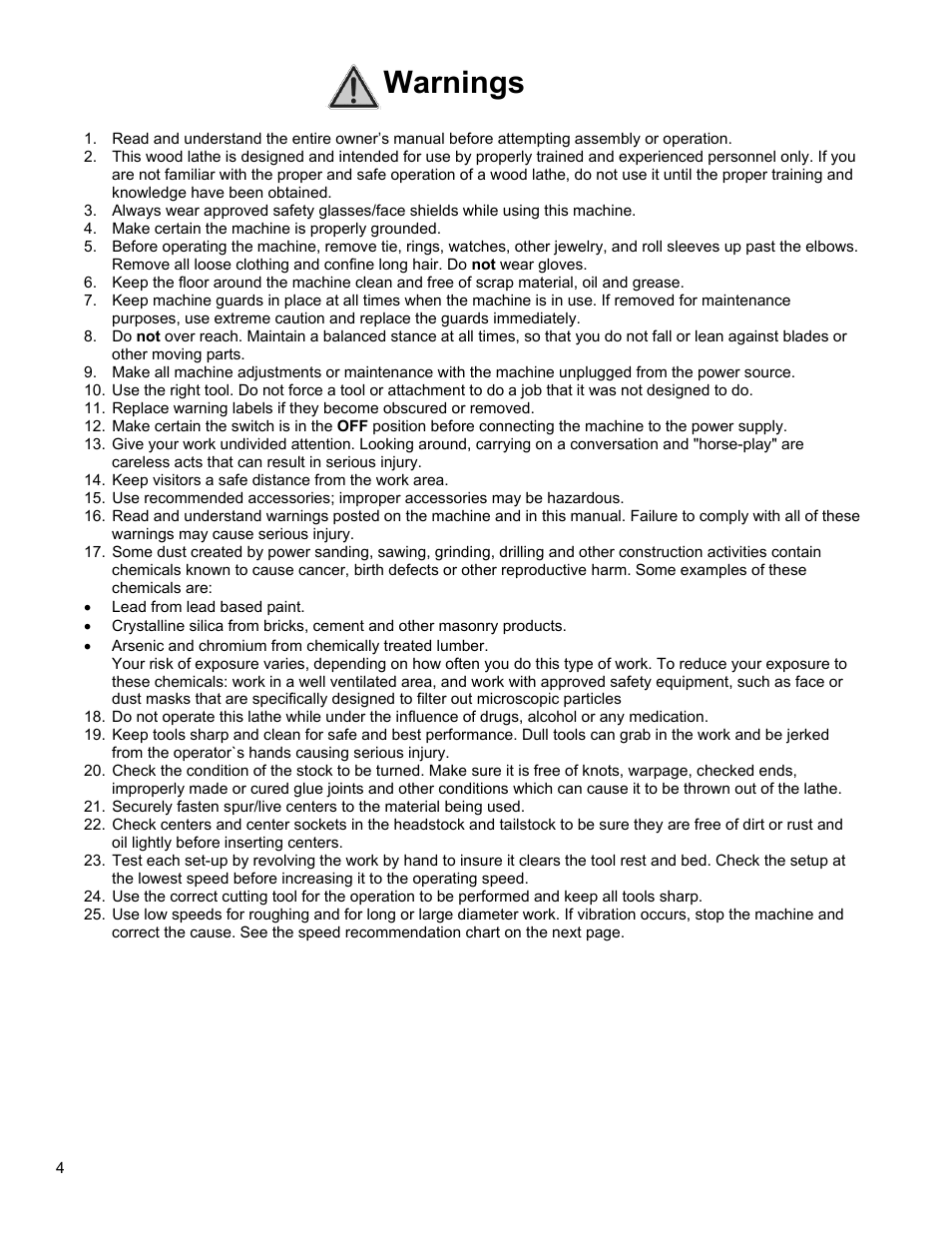 Warnings | Powermatic 4224 User Manual | Page 4 / 28