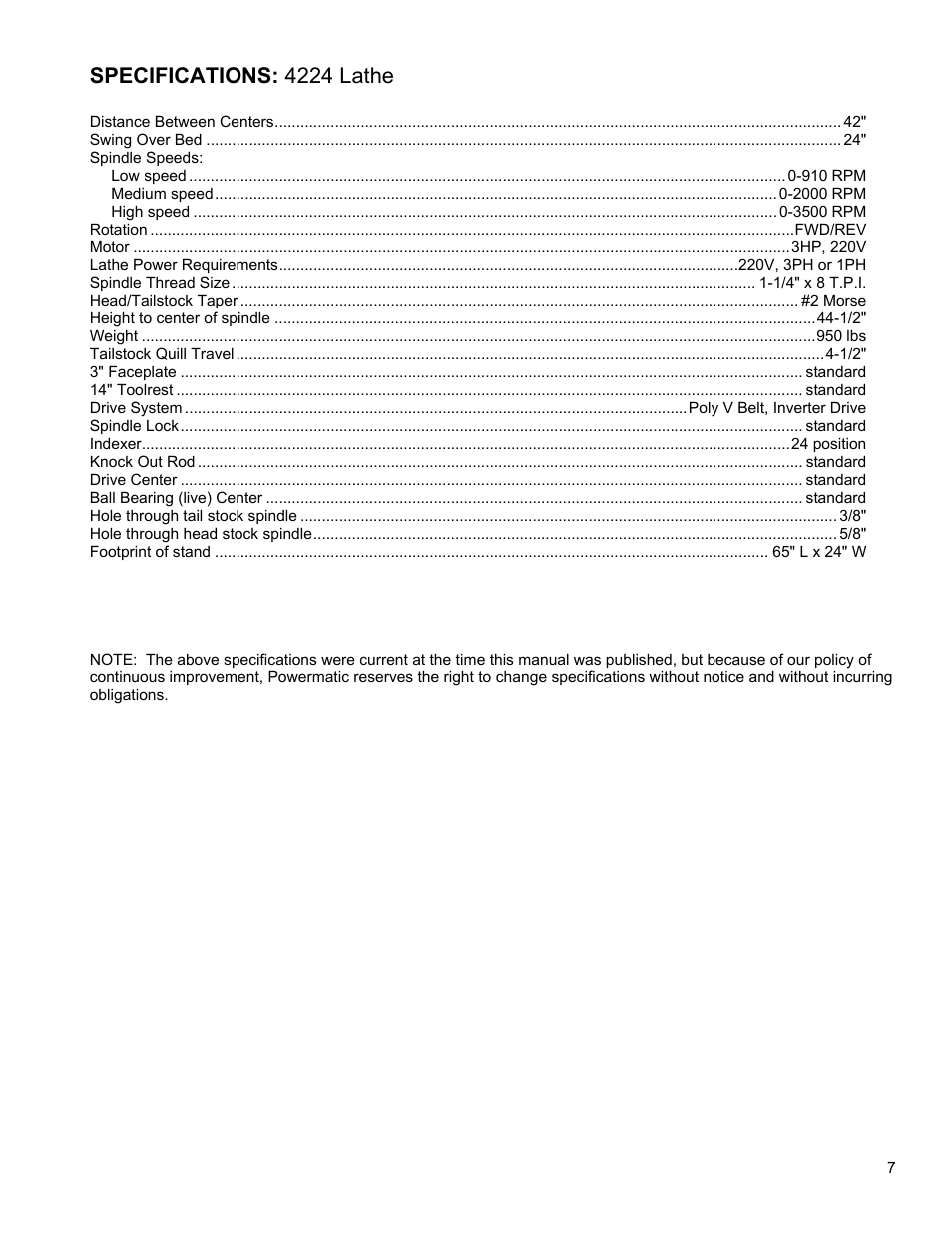 Specifications: 4224 lathe | Powermatic 4224 User Manual | Page 7 / 28