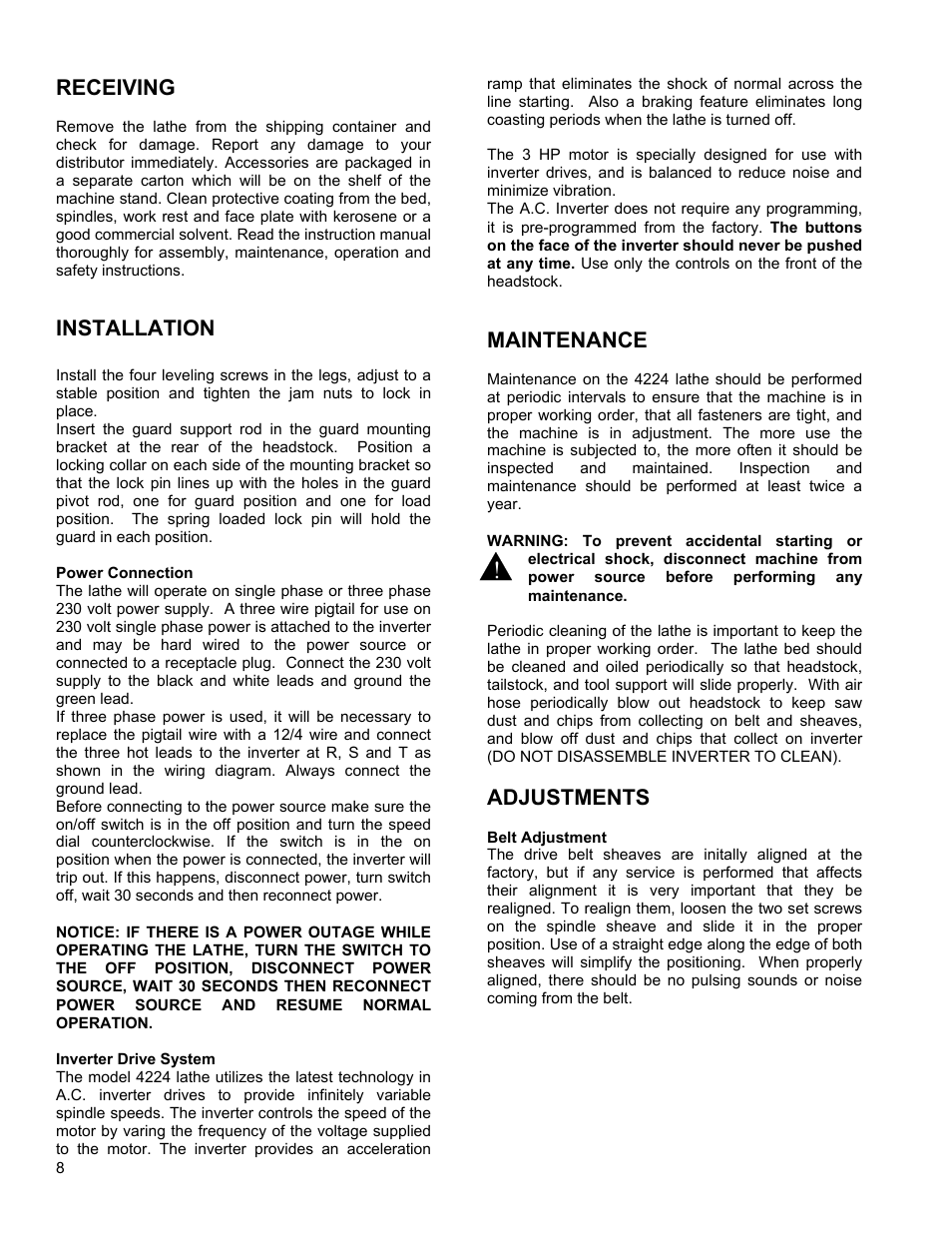 Receiving, Installation, Maintenance | Adjustments | Powermatic 4224 User Manual | Page 8 / 28