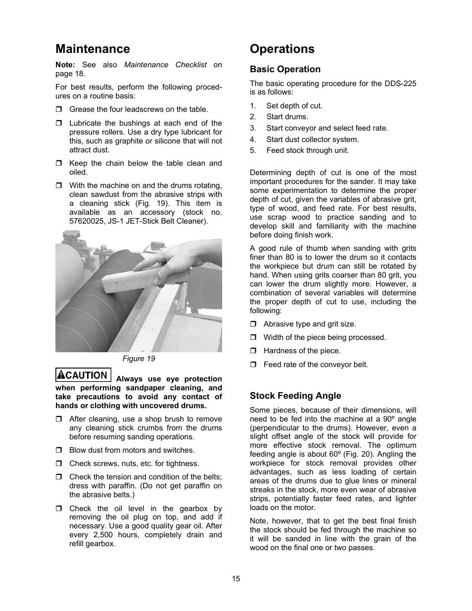 Maintenance, Operations, Basic operation | Stock feeding angle | Powermatic DDS-237 User Manual | Page 15 / 44