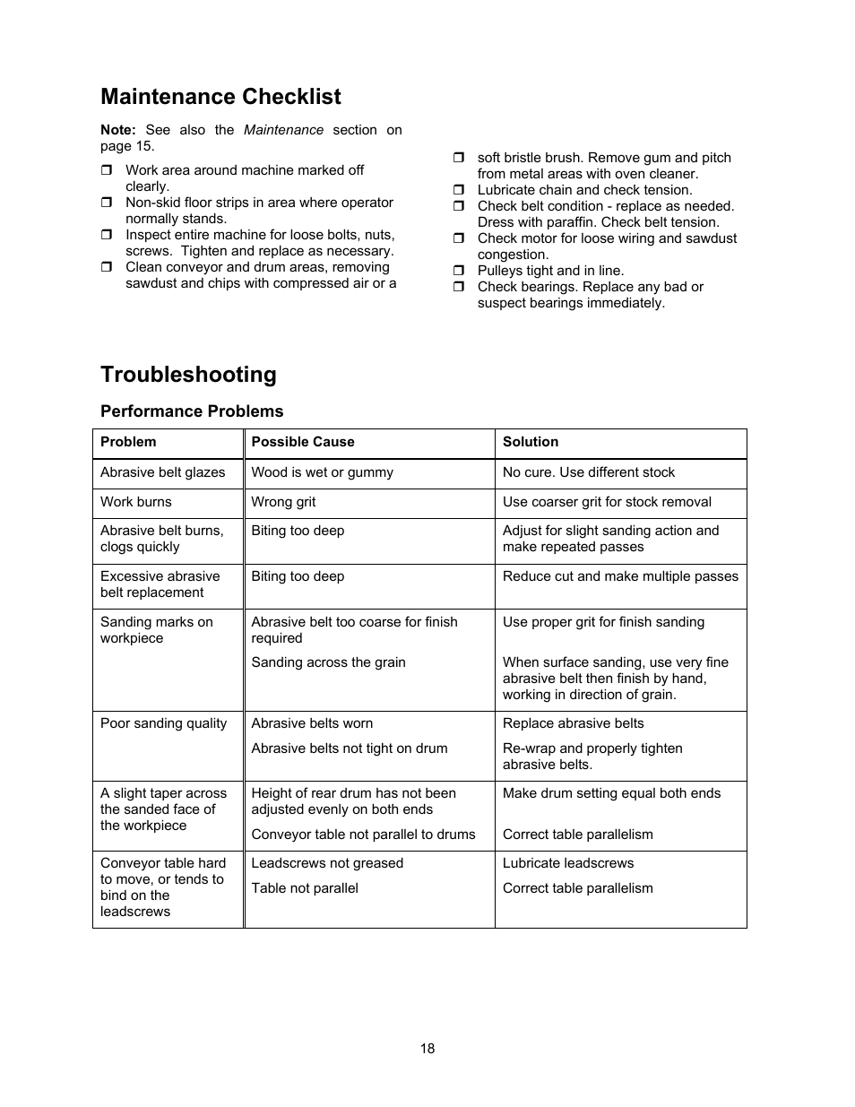 Maintenance checklist, Troubleshooting, Performance problems | Powermatic DDS-237 User Manual | Page 18 / 44