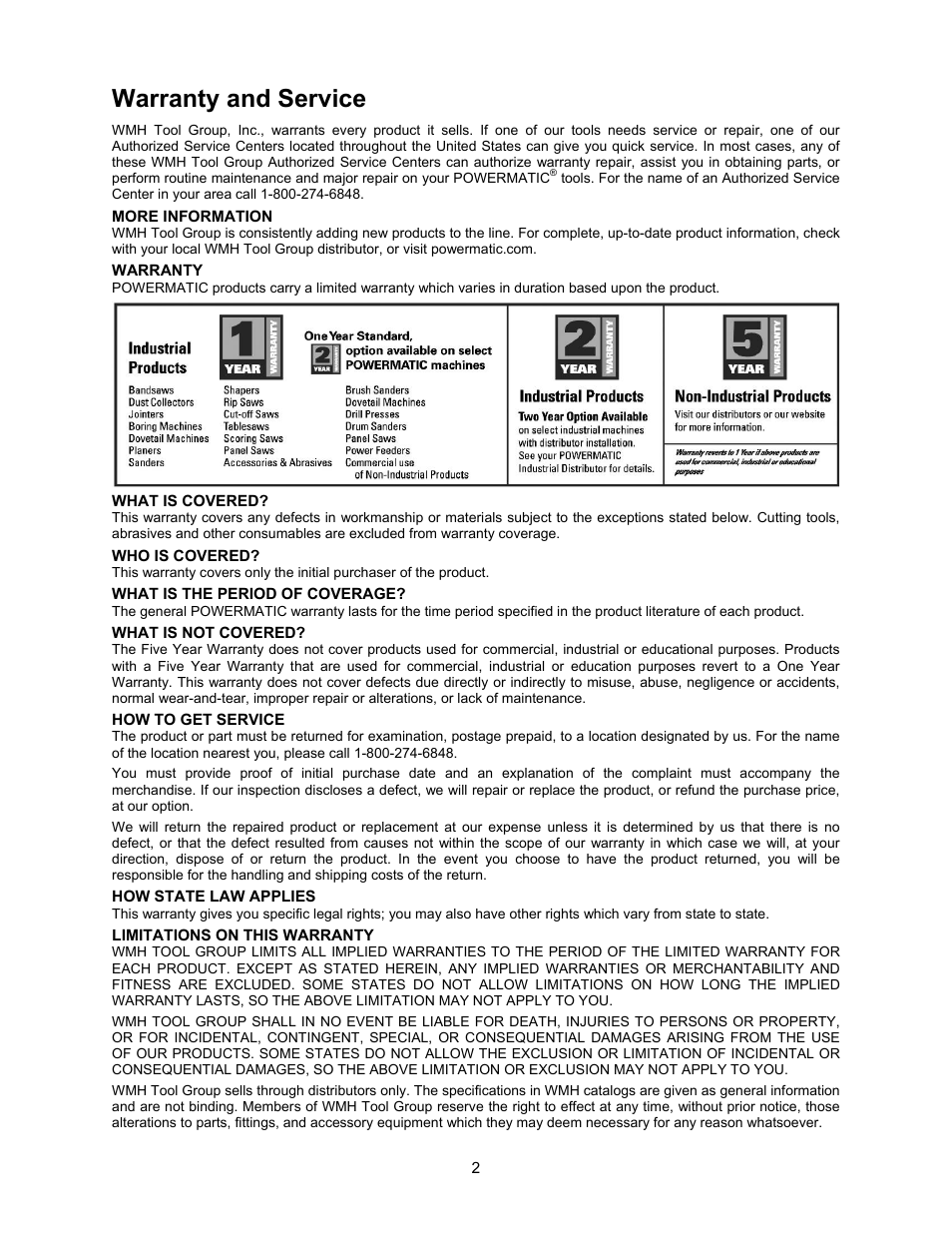 Warranty and service | Powermatic DDS-237 User Manual | Page 2 / 44