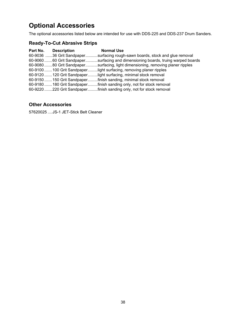 Optional accessories, Ready-to-cut abrasive strips, Other accessories | Powermatic DDS-237 User Manual | Page 38 / 44