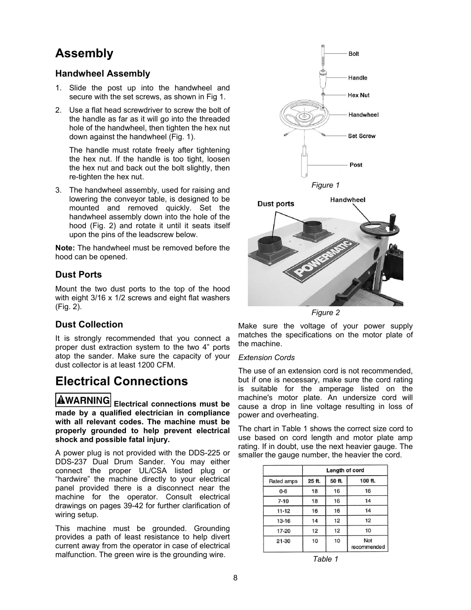 Assembly, Handwheel assembly, Dust ports | Dust collection, Electrical connections | Powermatic DDS-237 User Manual | Page 8 / 44