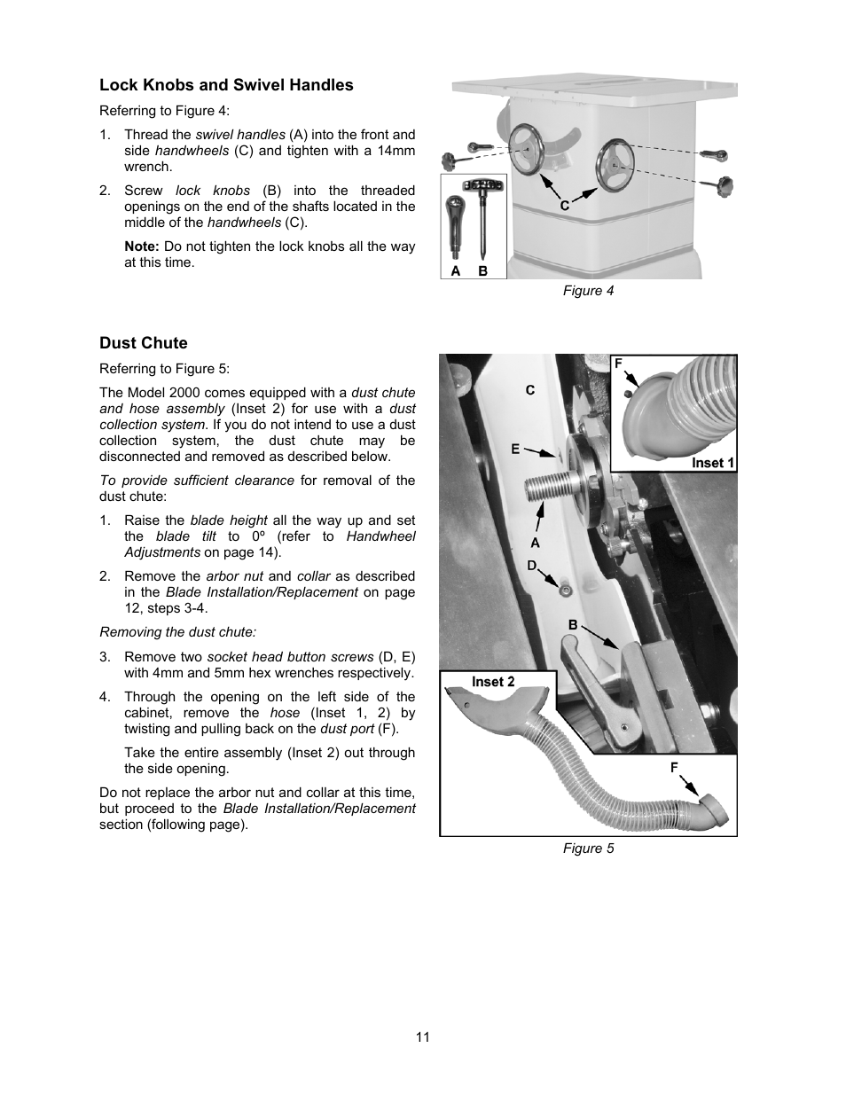 Lock knobs and swivel handles, Dust chute | Powermatic 2000 User Manual | Page 11 / 44